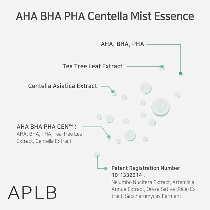 APLB AHA BHA PHA Centella Mist Essence | AHA BHA PHA CEN™ 23.8% 3.55 FL.OZ/Korean Skincare, Exfoliant, Replenishing Moisture, Revitalize for Gentle and Improve Skin Texture-Velvo Beauty