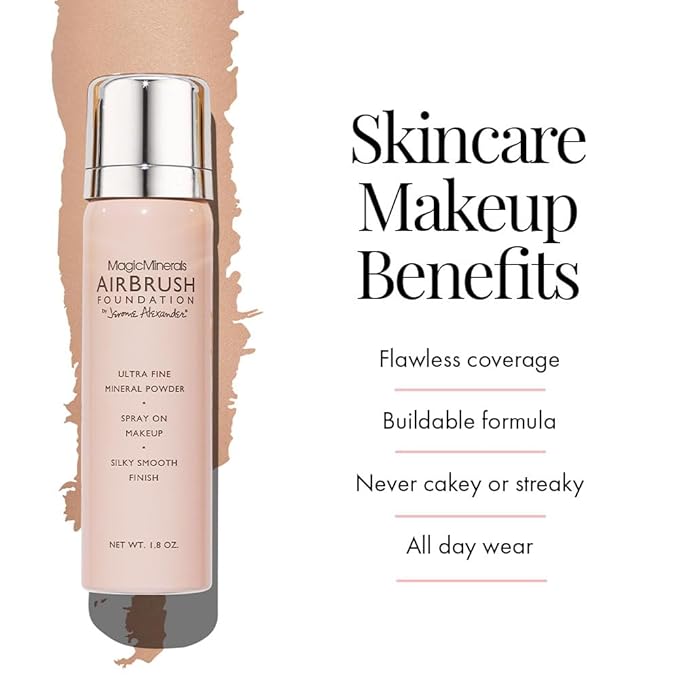 Jerome Alexander MagicMinerals AirBrush Foundation, Spray Makeup with Skincare Active Ingredients, Ultra-Light, Buildable, Full Coverage Formula (Warm Medium)-Velvo Beauty