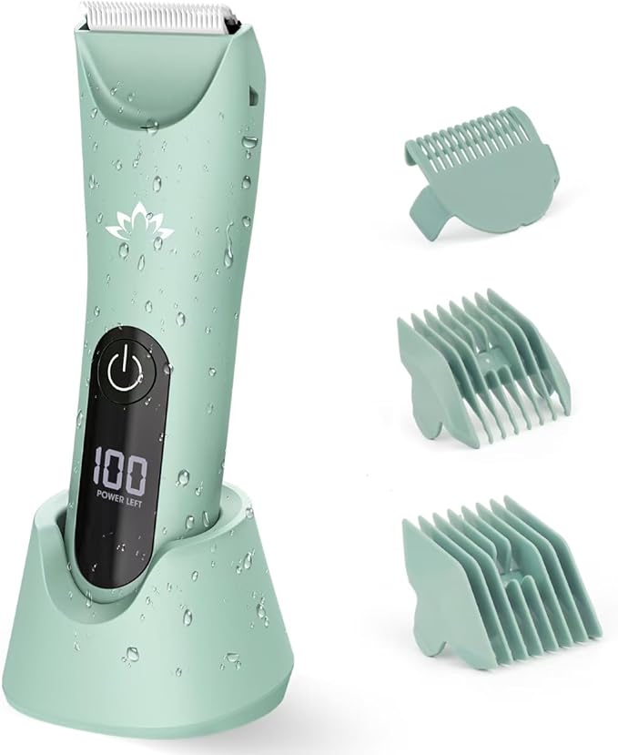 Bikini Trimmer for Women, Painless Pubic Hair Trimmer for Armpit Leg Arm Body Private Area,Rechargeable Womens Electric Razors Shaver LED Light Ceramic Blade IPX7 Waterproof Wet/Dry LCD Display,Green-Velvo Beauty
