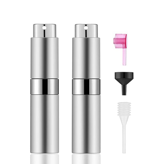 2 PCS/8ml Portable Mini Perfume Atomizer bottles, Empty Refillable Spray Bottle with 3 Types of Refill Tools, Pocket Travel Perfume Sample Bottles(Silver)-Velvo Beauty