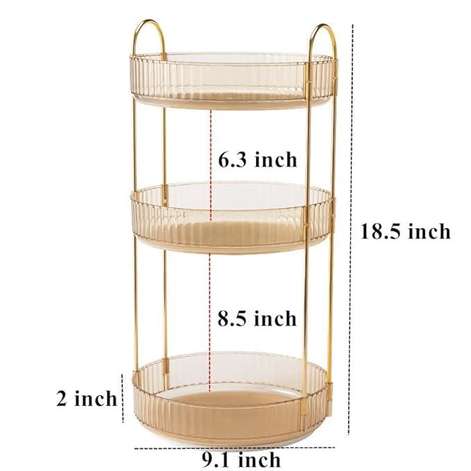 360 Rotating Makeup Organizer - High-Capacity Skincare & Cosmetics Organizer for Vanity, Bathroom or Dresser (3 Tiers, Amber)-Velvo Beauty