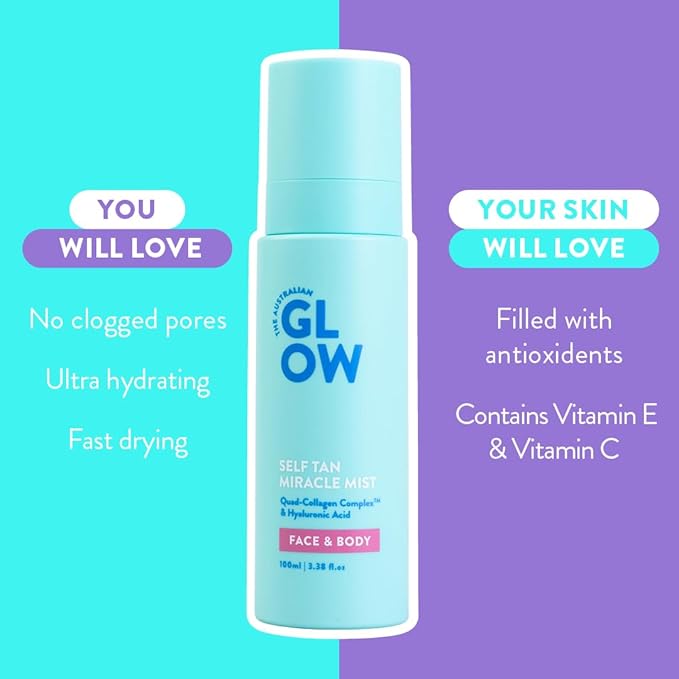 Australian Glow Miracle Mist, Self Tanner for Face & Body w/Quad-Collagen Complex & Hyaluronic Acid, 3.38 fl. oz / 100ml-Velvo Beauty