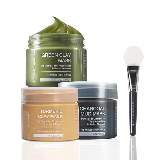 Turmeric Clay, Dead Sea Mud & Charcoal Gel Face Mask Trio With Applicator, Deep cleansing Clay and Mask Applicator, Facial Therapy PH Balanced Hypo-allergenic (3 Sets Mud Mask)-Velvo Beauty