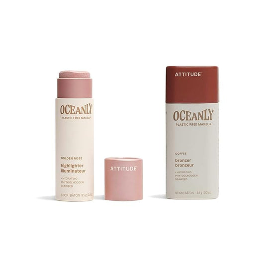 Bundle of ATTITUDE Oceanly Lightweight Highlighter Stick, Titanium Dioxide-Free, EWG Verified, Plastic-Free, Vegan Makeup, Golden Rose, 0.3 Oz + Oceanly Lightweight Bronzer Stick, Coffee, 0.3 Oz-Velvo Beauty