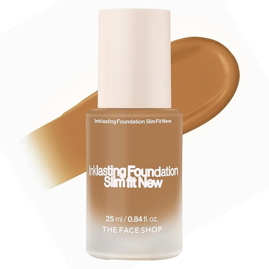 THE FACE SHOP Ink Lasting Liquid Foundation, Full Coverage, 72‑Hour Wear Semi‑Matte Finish, Makeup with Bakuchiol, W410 Walnut, 0.84 Fl. Oz.-Velvo Beauty