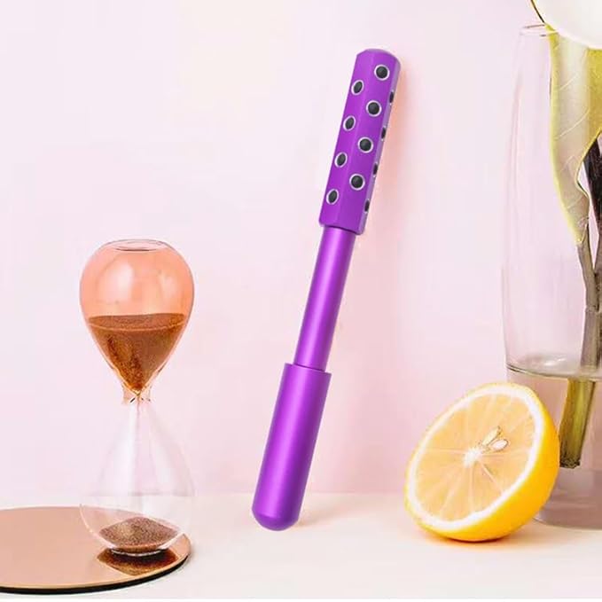 24-Stone Facial Roller - Cooling Face & Neck Massager Tool for Skin Rejuvenation | 360° Contouring with Germanium Stones & Aircraft Aluminum | Portable 7.6" Beauty Roller - Purple-Velvo Beauty