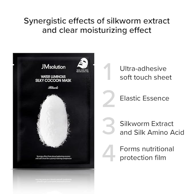 JMsolution Water Luminuous Silky Cocoon Black Mask - Korean Skincare Facial Mask - Silkworm extract amino acid -Nutrition and Moisturization Synergy - 10 sheets for a sensitive skin-Velvo Beauty