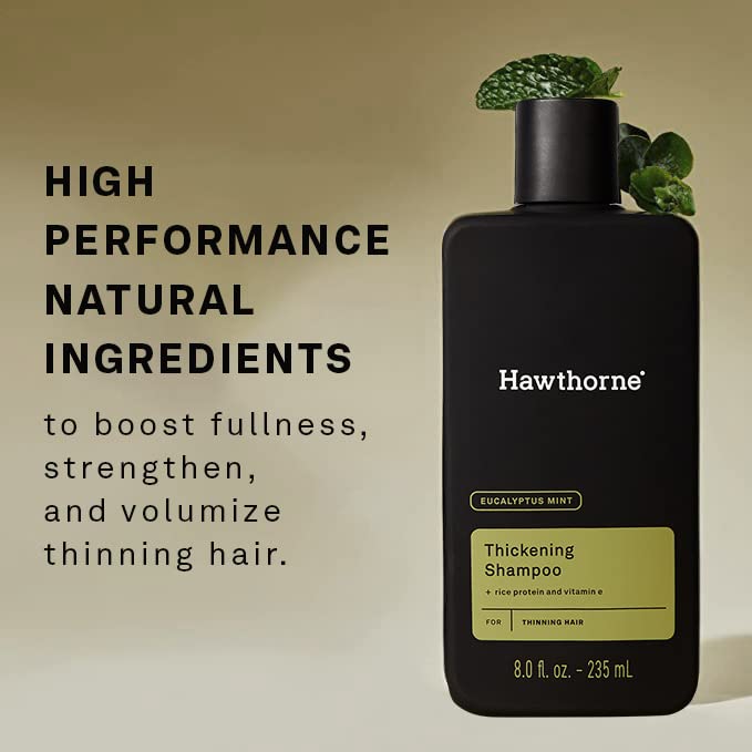 Hawthorne Men's Thickening Shampoo for Thinning Hair. Fight Hair Loss with Rice Protein & Vitamin E. Strengthens Hair Follicles to Reduce Breakage. Mint and Eucalyptus Scent. 8 fl. oz. 2-Pack.-Velvo Beauty