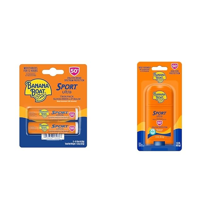 Banana Boat Sport Ultra SPF 50 Lip Sunscreen Twin Pack | SPF Lip Balm Pack & Sport Ultra, Reef Friendly, Broad Spectrum Sunscreen Stick, SPF 50, 1.5oz.-Velvo Beauty