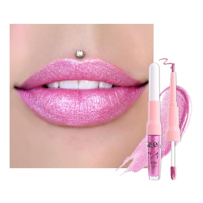 evpct Pink Metallic Glitter Lip Liner and Lipstick Combo Lip Gloss Stain Set Makeup for Women Long Lasting Waterproof 24, Rose Pink Metallic Shimmer Frosted Iridescent Glossy Liquid Lipstick 21-Velvo Beauty