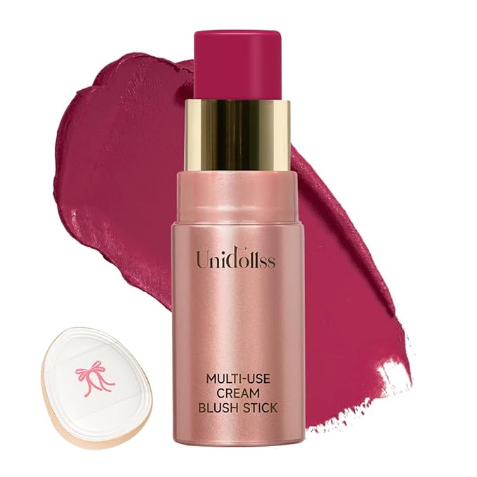 Multi-Use Makeup Cream Blush Stick, Unidollss 3-in-1 Buildable Blush Stick for Cheeks, Eyes, and Lips, Hydrating formula, All day wear, Easy Application with Thumb Puff Included (04 FLIRT)-Velvo Beauty