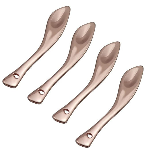 4 Pieces Zinc Alloy Makeup Spatula Eye Cream Spoon Beauty Scoop Mini Spoon Makeup Beauty Spoons Mini Cosmetic Skincare Spatula for Cream Lotions, Curved Handle Type, Rose-Gold-Velvo Beauty