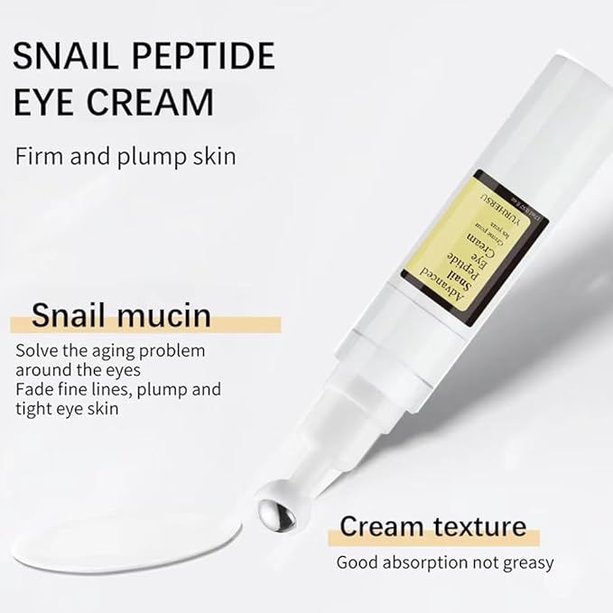 Snail Peptide Eye Cream Non-Sticky Snail Mucin Eye Care Hydrating Essence with 360° Massage Ball for Reducing Dark Circles/Puffiness/Fine Lines, Moisturizing, Firming, Adding Skin Elasticity-Velvo Beauty