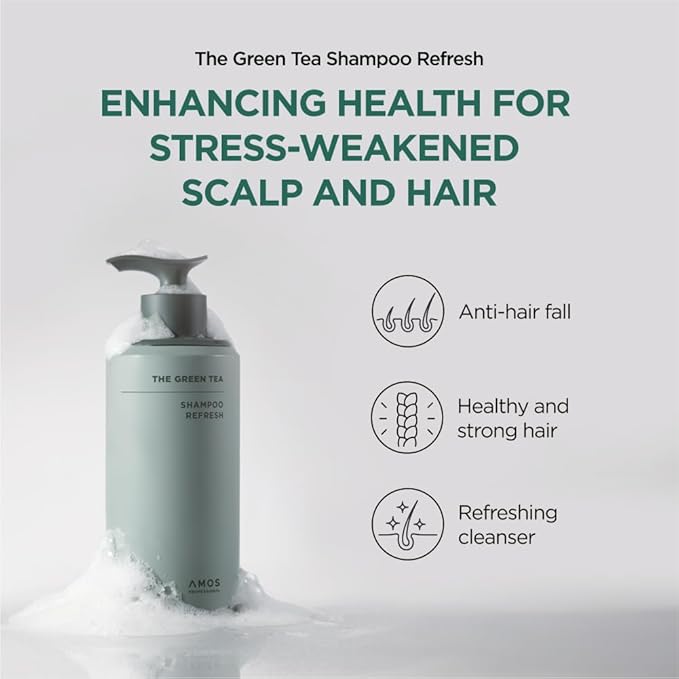 AMOS PROFESSIONAL The Green Tea Shampoo Refresh for Thinning Hair, Korean Shampoo for Oily Scalp l Deep Cleans, Strengthening Hair, All Hair Types, 16.9 fl.oz-Velvo Beauty