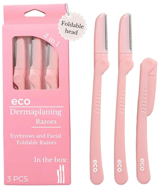 Dermaplaning Tool - Foldable Facial Razor for Women and Men, (3ct) | Womens Facial Peach Fuzz Remover & Eyebrow Trimmer, Dermaplaning Razor, Face Razors for Women, 3 pc (Pink)-Velvo Beauty