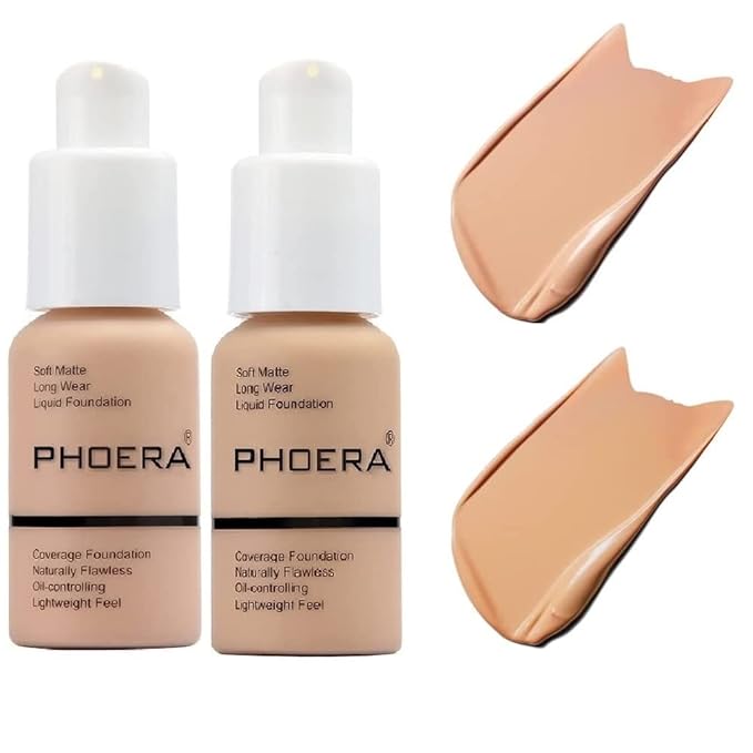 2 Pack PHOERA Foundation 103# Warm Peach and 104# Buff Beige, Flawless Soft Matte Liquid Foundation,24 HR Full Coverage Mattle Oil-Control Foundation Makeup.-Velvo Beauty