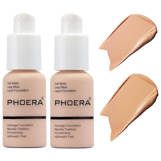 2 Pack PHOERA Foundation,Matte Oil Control Concealer Foundation Cream,PHOERA Long Lasting Waterproof Matte Liquid Foundation for Women Girls (103 Warm Peach +104 Buff Beige)-Velvo Beauty