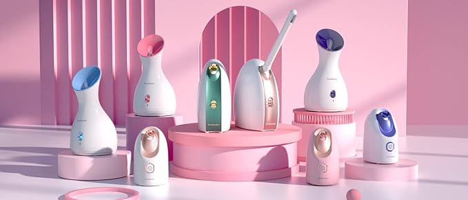 Newbealer Facial Steamer, Mini Aroma Face Steamer, Nano Ionic Hot Mist Facial Humidifier Atomizer, Home Sauna Spa Sprayer Moisturizing Cleansing Pores, 9 Pieces Acne Remover Kit (Pink-Gold, 160ml)-Velvo Beauty