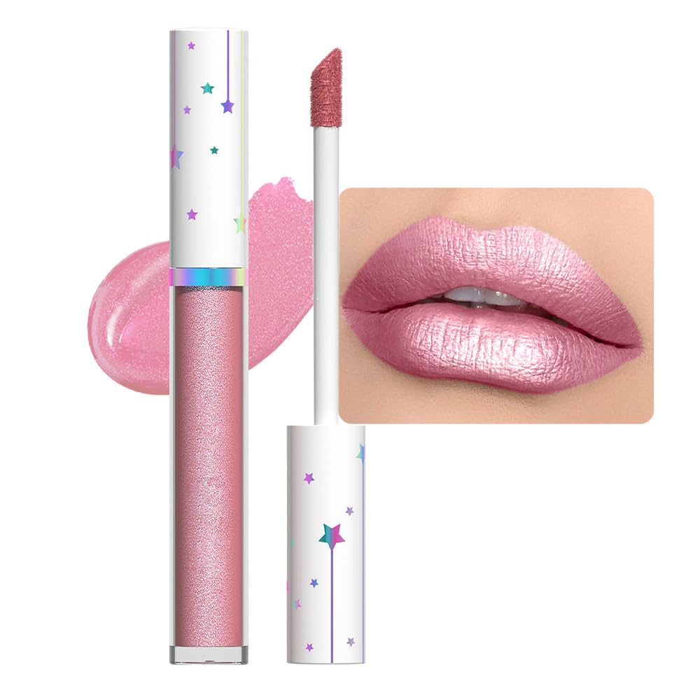 evpct 1Pcs Pink Metallic Glitter Lipstick Lip Gloss Stain for Women Long Lasting Waterproof 24, Hot Light Nude Pink Frosted Metallic Shimmer Glossy Chrome iridescent Liquid Lipstick Lip Gloss Makeup-Velvo Beauty