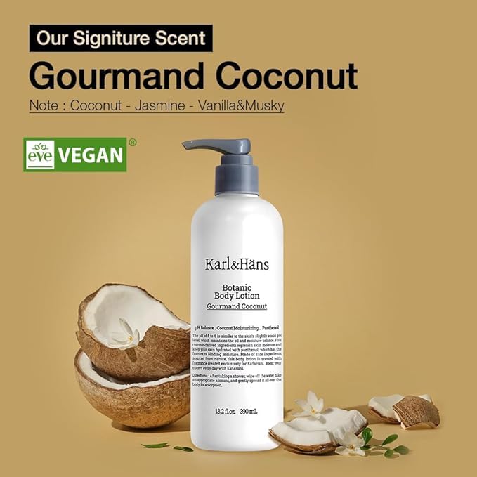 Karl&Hans Botanic Vegan Body Lotion Gourmand Coconut, Long-lasting Hydration with Soothing Coconut Fragrance - For Hands and Body, 13.2 fl oz-Velvo Beauty