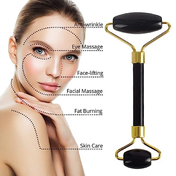 Black Obsidian Jade Facial Roller & Gua Sha Set 100% Natural Source from Highest Altitude of Himalayan Two-Sided Face Neck Massager Stone Beauty Tool-Velvo Beauty