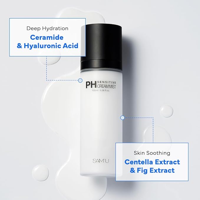SAM'U PH Sensitive Cream Mist, Ceramide Face Mist, Hypoallergenic Facial Spray with Hyaluronic Acid & Centella, Hydrating & Quick Absorbing, Korean Skin Care for Dry & Sensitive Skin, 3.38 Fl. Oz-Velvo Beauty