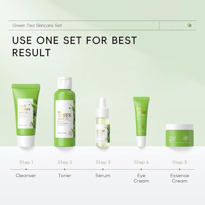 Skin Care Set, Green Tea Skin Care Sets & Kits, Skin Care for Teenage Girls Gift Set with Cleanser, Toner, Serum, Eye Cream, Facial Cream, Facial Skin Care Sets & Kits for Teenage Girls Women-Velvo Beauty