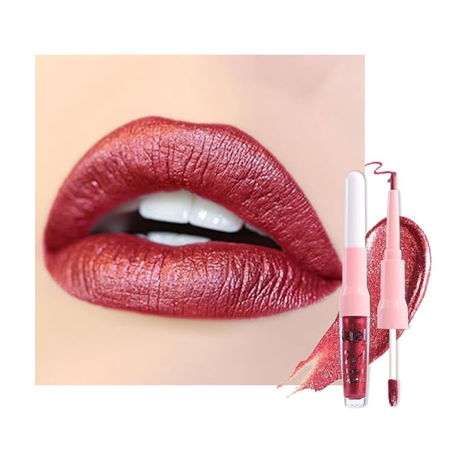evpct Dark Red Metallic Glitter Lip Liner and Lipstick Combo Lip Gloss Stain Set Makeup for Women Long Lasting Waterproof 24, Wine Red Frosted Metallic Shimmer Glossy Chrome iridescent Liquid Lipstick-Velvo Beauty