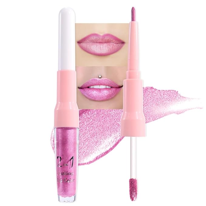 evpct Pink Metallic Glitter Lip Liner and Lipstick Combo Lip Gloss Stain Set Makeup for Women Long Lasting Waterproof 24, Rose Pink Metallic Shimmer Frosted Iridescent Glossy Liquid Lipstick 21-Velvo Beauty