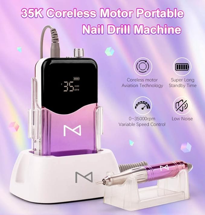 M Mase- Professional Nail Drill Machine - Coreless 2-in-1 Nail File - Electric, Cordless, 35000 RPM, HD Display - Electric Nail Drill for Professional & Home Use (Metallic Gold)-Velvo Beauty