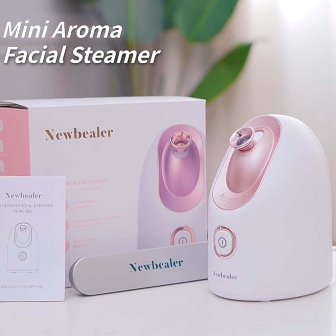 Newbealer Facial Steamer, Mini Aroma Face Steamer, Nano Ionic Hot Mist Face Humidifier for Facial Deep Cleaning, Home Sauna Spa Sprayer with 9 Pieces Acne Remover Kit (White-Gold, 160 ML)-Velvo Beauty