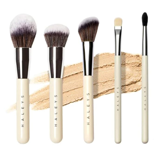 HALEYS Makeup Brush Set 5 pcs: Soft, Streak-free, Perfect Blending, Buff, Blurs and Smooth, Premium Luxury Vegan Bristles, For Liquid, Cream or Powder, Vegan, Cruelty-free, Sustainable Wood-Velvo Beauty