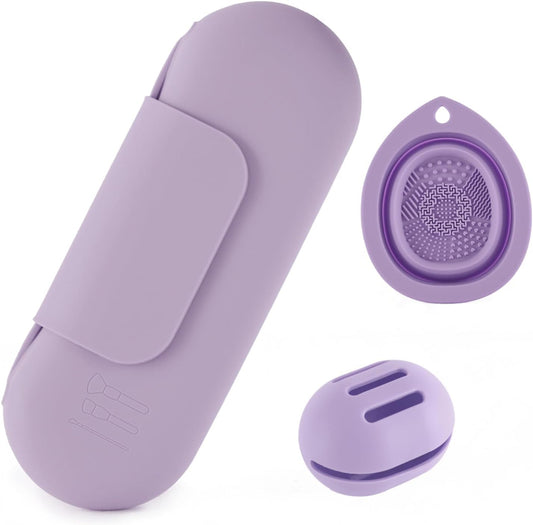 Silicone Makeup Brush Holder Set – Portable Travel Makeup Brush Holder with Makeup Sponge Holder and Foldable Cleaning Bowl – Upgraded 3-in-1 Cosmetic Organizer Set (purple)-Velvo Beauty