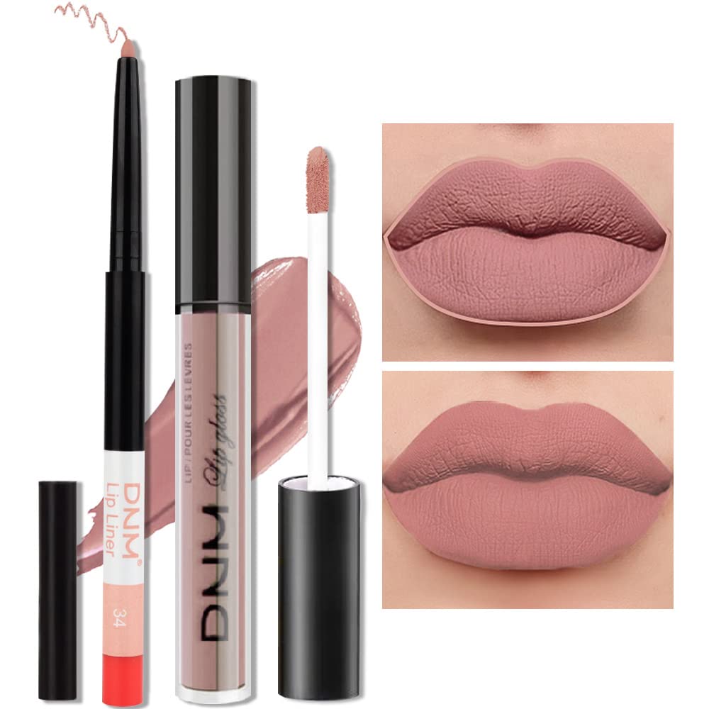 evpct 2Pcs Mauve Nude Neutral Color Lip Liner and Matte Lipstick Makeup Sets Vegan Lipstick Lip Liner and Gloss Set Lip Stain Long Lasting Waterproof 24 34#-Velvo Beauty