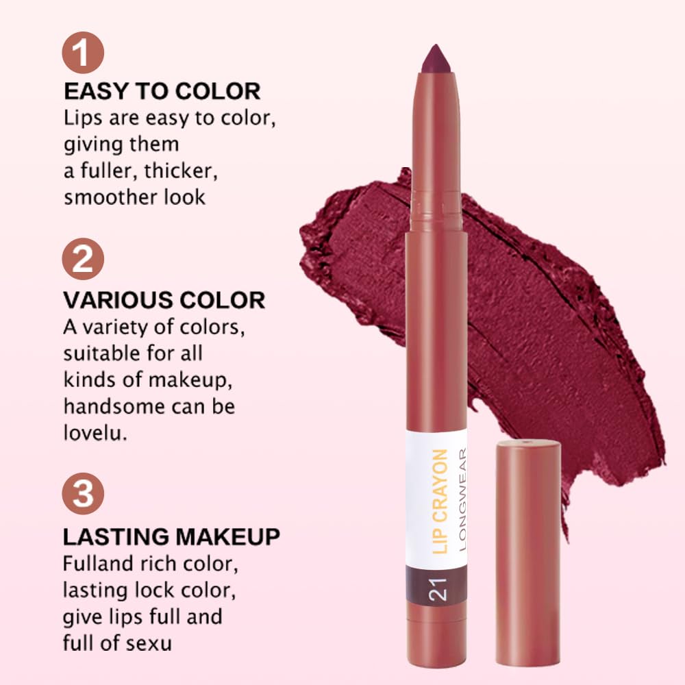 BINGBRUSH Lip Crayons Matte Longwear Lipstick Pack Set,Moisture Smooth Lipliner With Built-in Sharpener Ultimate Super Stay Ink Lip Crayon for Makeup-Waterproof Velvet Lipgloss Lip Stain(21#Dark Red)-Velvo Beauty