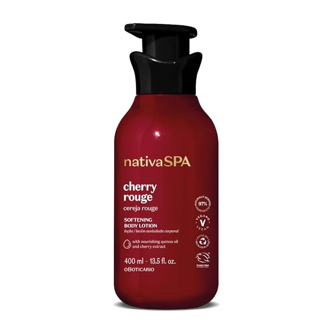 O Boticário Nativa SPA Cherry Rouge Velvety Body Lotion, Bold Oriental Amber Fragrance with Cherry Extract & Quinoa Oil, Collagen Boosting Hydration, 13.5 Ounce (400ml)-Velvo Beauty