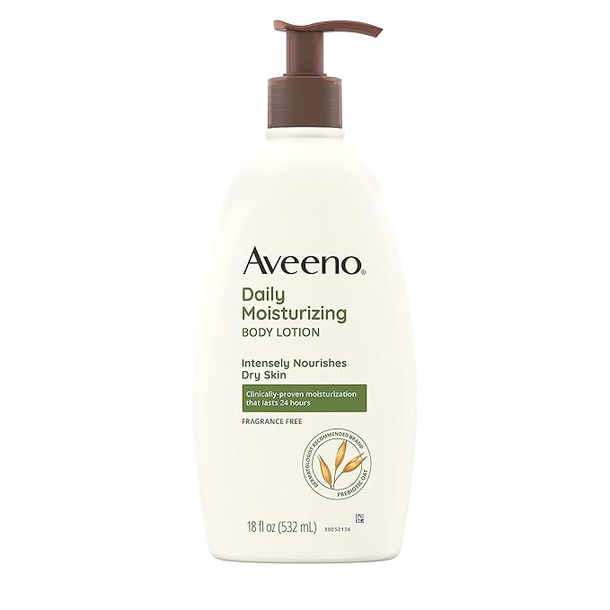Aveeno Daily Moisturizing Body Lotion for Dry Skin with Prebiotic Oat, Fragrance & Paraben Free, Non-Greasy, Non-Comedogenic, for Sensitive Skin & 72-Hour Moisturizer 18 Fl Oz-Velvo Beauty