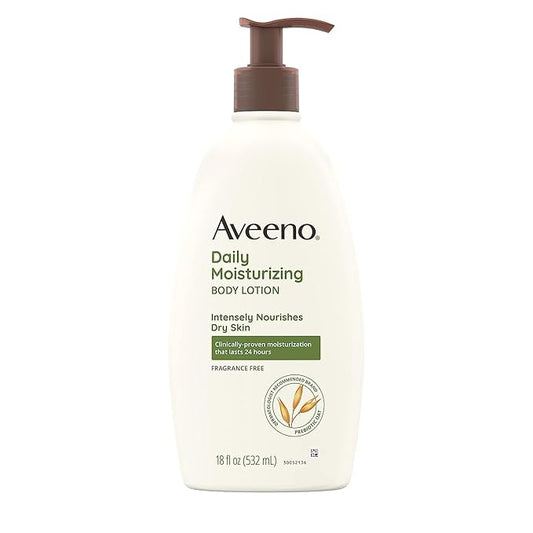Aveeno Daily Moisturizing Body Lotion for Dry Skin with Prebiotic Oat, Fragrance & Paraben Free, Non-Greasy, Non-Comedogenic, for Sensitive Skin & 72-Hour Moisturizer 18 Fl Oz-Velvo Beauty