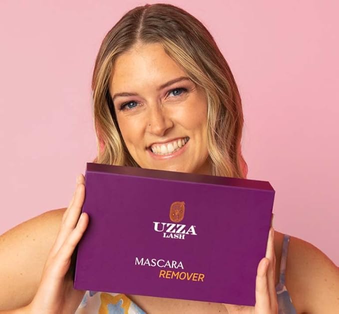 UZZA Lash Eye Makeup Remover - Waterproof Mascara Remover for Sensitive Eyes - Natural Make up Remover - Hygienic Kit Includes Eyelash Brush, Reusable Pads, Cleanser Liquid 1oz-Velvo Beauty