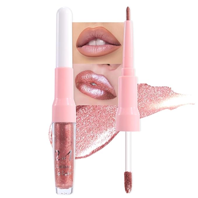 Rose Gold Metallic Lip Liner and Lipstick Combo Lip Gloss Tints Stain Set Makeup for Women Long Lasting Waterproof 24, Light Pink Metallic Glitter Shimmer Iridescent Liquid Lipstick lippies Lip Gloss-Velvo Beauty