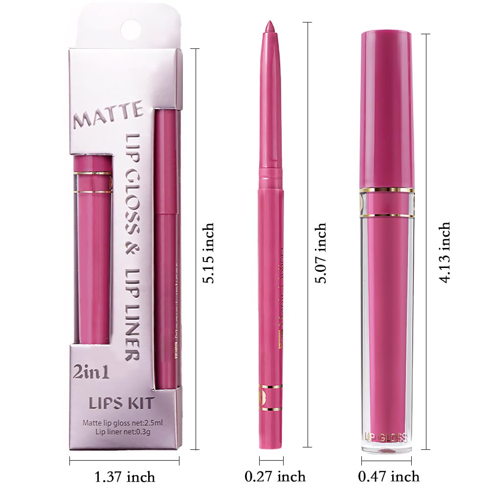 evpct 2Pcs Rose Matte Lip Liner and Lipstick Gloss Stains Makeup Set Kit for Women Long Lasting Waterproof 24, Rose Red Matte Lipstick Kit with Lip Liner, 24 Hour Lipsticks Pencils-Velvo Beauty