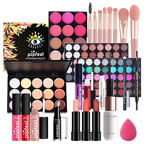 Professional All in One Makeup Kits for Women, Cosmetic Essential Starter Bundle, Eye Shadow, Blush, Liquid Lipgloss, Foundation Brush, Makeup Set with Makeup Bag, Christmas Valentines Gift Box-Velvo Beauty