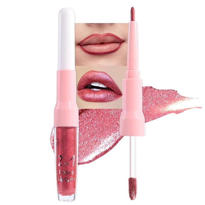 evpct Mauve Red Metallic Glitter Lip Liner and Lipstick Combo Lip Gloss Stain Set Makeup for Women Long Lasting Waterproof 24, Red Metallic Shimmer Frosted Iridescent Glossy Liquid Lipstick 13-Velvo Beauty