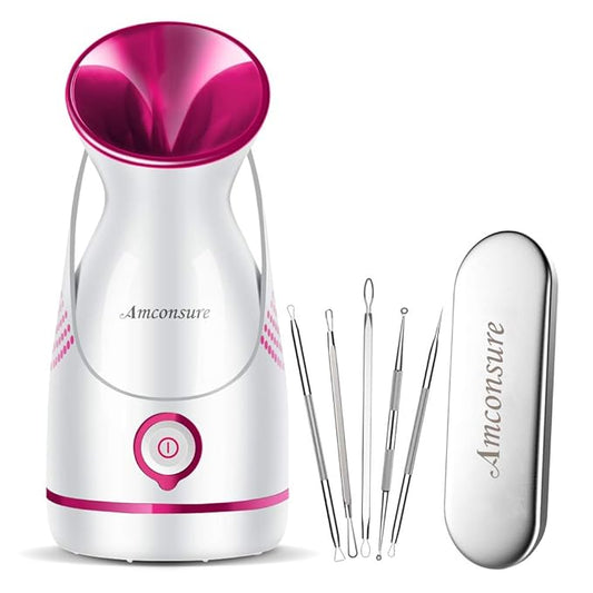 Amconsure Facial Steamer - Nano Ionic Face Steamer Warm Mist Steamer for Home Sauna SPA, Humidifier for Face Steamer for Deep Cleaning Unclogs Pores Sinuses - Bonus 5 Piece Stainless Steel Skin Kit-Velvo Beauty