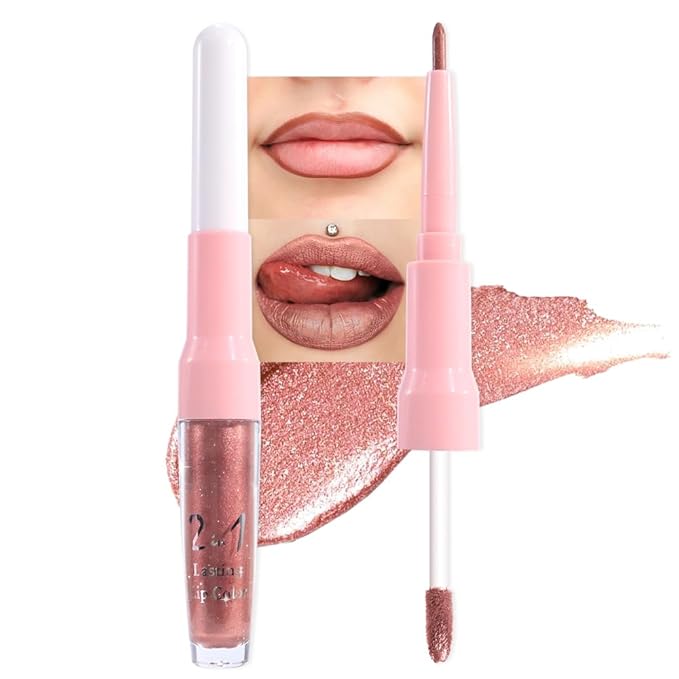 evpct Bronze Gold Metallic Glitter Lip Liner and Lipstick Combo Lip Gloss Stain Set Makeup for Women Long Lasting Waterproof 24, Rose Gold Metallic Shimmer Frosted Iridescent Glossy Liquid Lipstick 14-Velvo Beauty