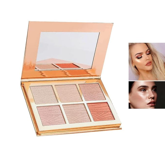 6 Colors Highlighter Makeup Face Palette, Shiny Glow Highlighter Shimmer Metallic Palette Professional Face Contouring Blemish Pallet, Natural Shiny Makeup Face Glitter Blush Cheeks Pallet Contour Illuminator Makeup Highlight Powder for Women-Velvo Beauty