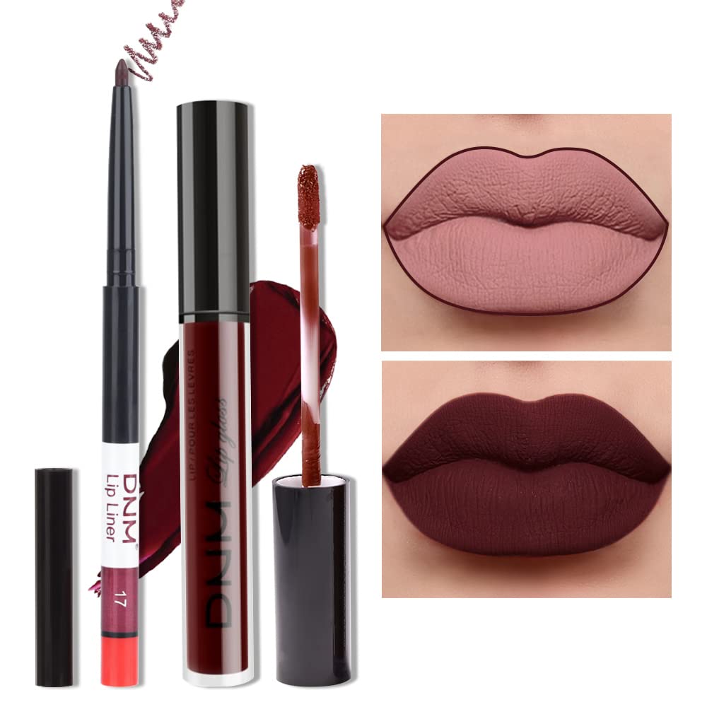evpct 2Pcs Dark Deep Burgundy Red Matte Lipstick and Lip Liner Makeup Set for Women Dark Blood Red Liquid Matte Brown Lipstick Lip Liner Stain long lasting waterproof Permanent Lipsticks 24 hours 17#-Velvo Beauty