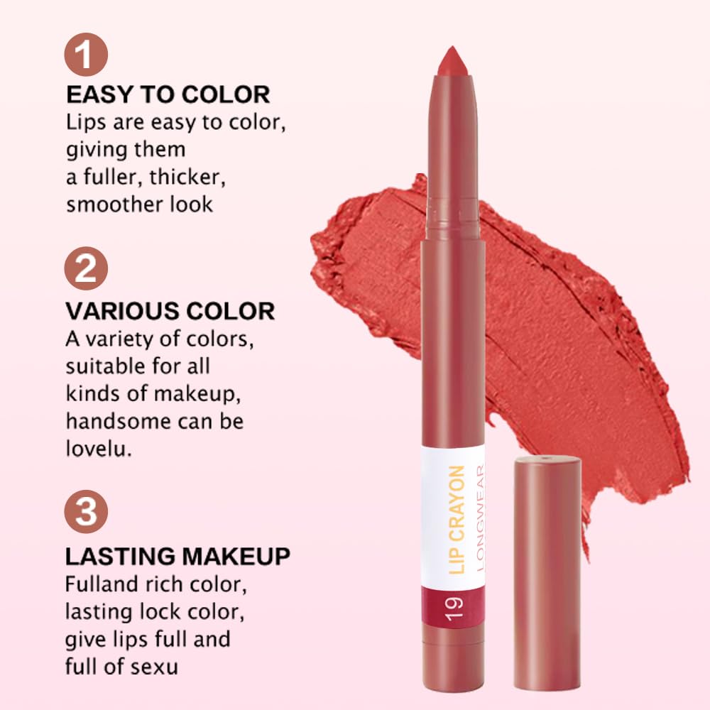 BINGBRUSH Lip Crayons Matte Longwear Lipstick Pack Set,Moisture Smooth Lipliner With Built-in Sharpener Ultimate Super Stay Ink Lip Crayon for Makeup-Waterproof Velvet Lipgloss Lip Stain(19Fire Brick)-Velvo Beauty