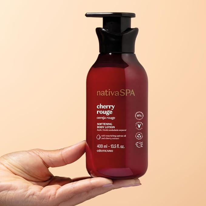 O Boticário Nativa SPA Cherry Rouge Velvety Body Lotion, Bold Oriental Amber Fragrance with Cherry Extract & Quinoa Oil, Collagen Boosting Hydration, 13.5 Ounce (400ml)-Velvo Beauty