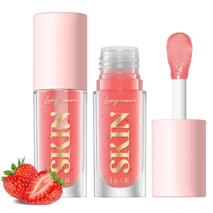 Big Brush Head Lip Glow Oil Plumping Tint, Tinted Lip Balm Transparent Lip Care, Moisturizing Non-sticky Fresh Shiny Texture Lip Oil - Strawberry (Pink)-Velvo Beauty